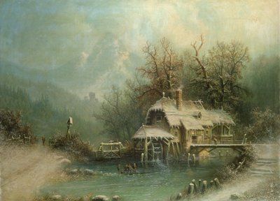 Figures by a watermill by A. Bredou